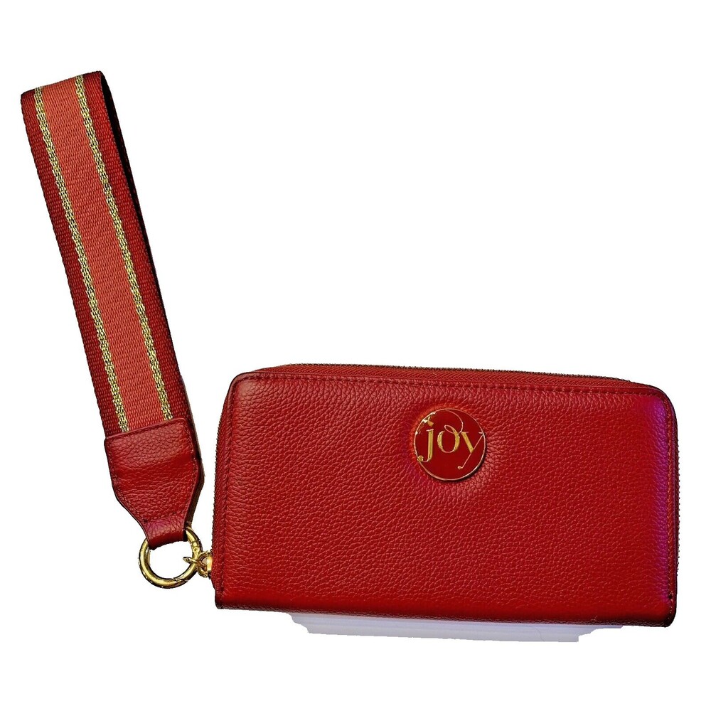 Joy Mangano Berry Red Gold Tone Leather Zip Around Wristlet & Strap Wallet EUC